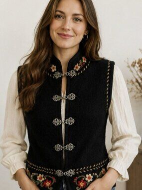 Icelandic Design Wool Vest L Black Floral Embroidered Toggle Closure Nordic